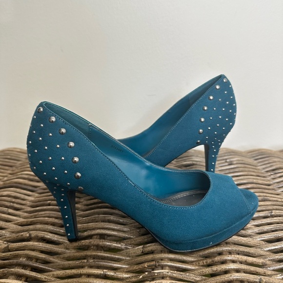 Impo Teal Suede Peep-Toe Heels with Studded Detail - Picture 8 of 9